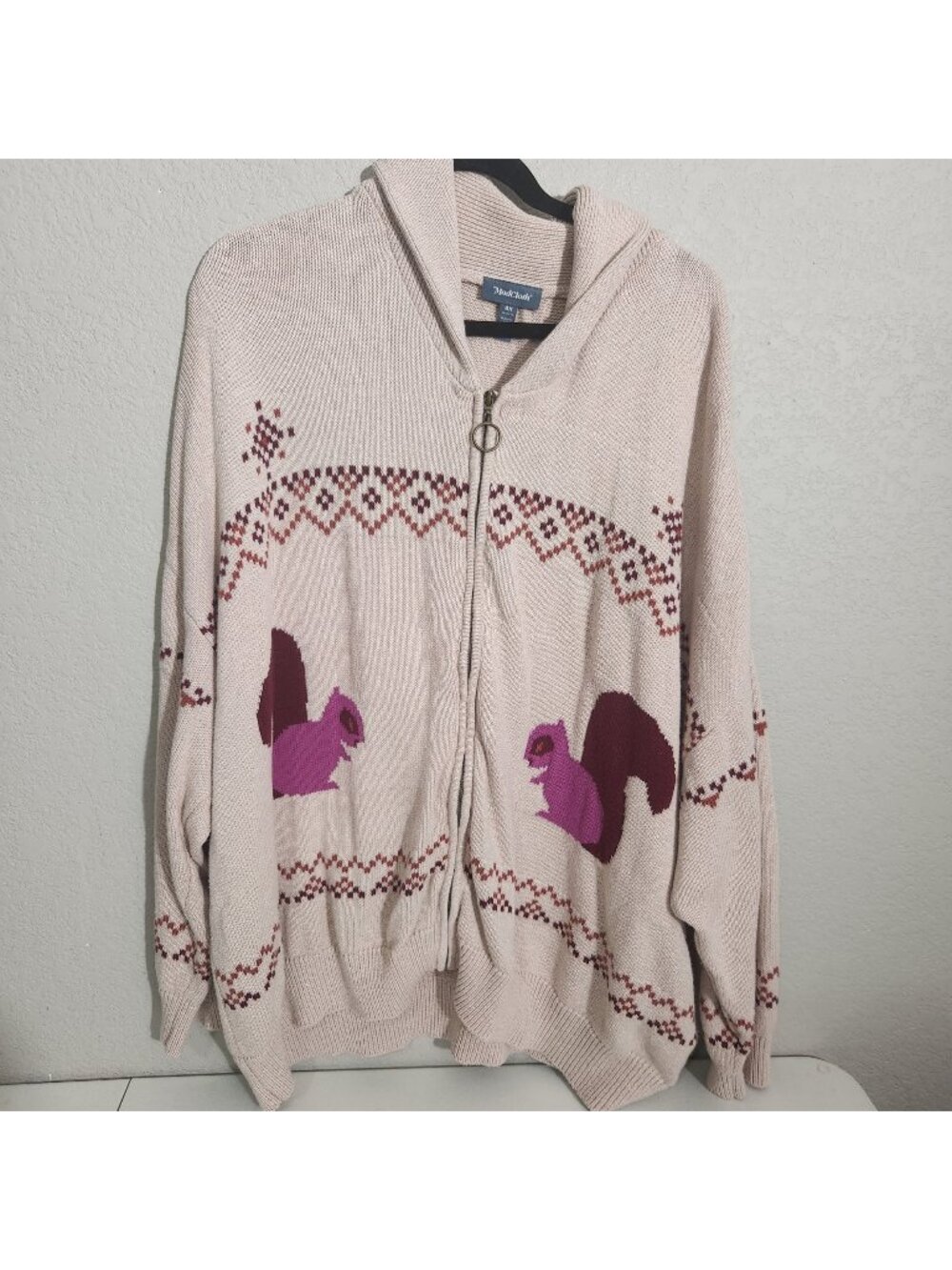 ModCloth Cardigan Womens 4X Beige Hooded Squirrel Print Cotton
